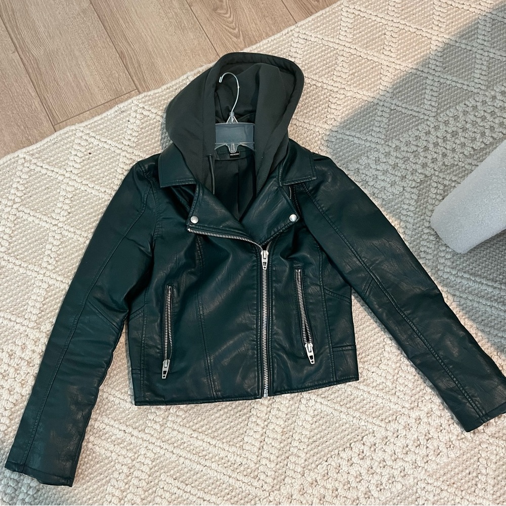 New Blank NYC hooded leather jacket. In forest green